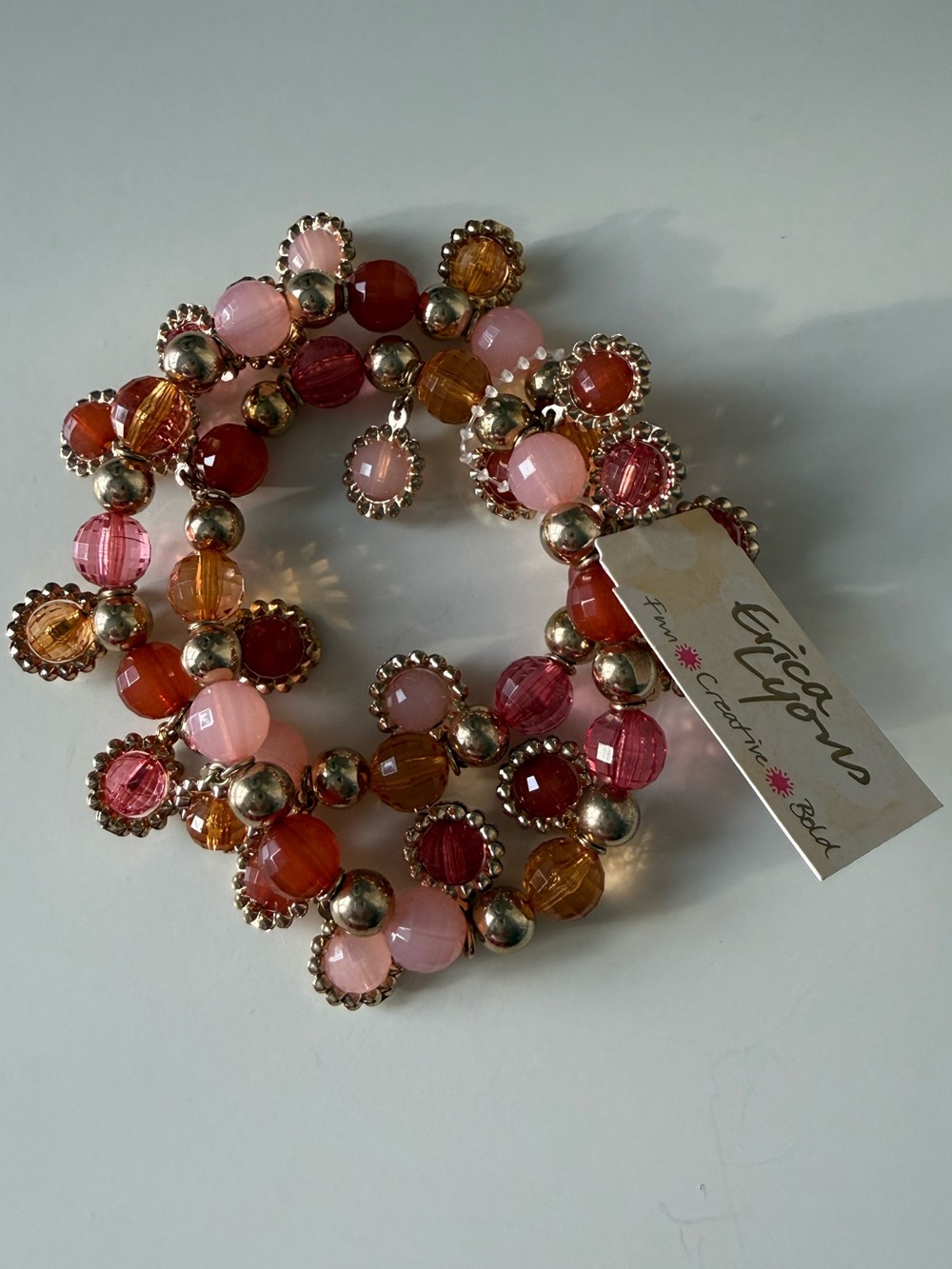 Erica Lyons Pink, Coral & Amber Colors Beaded Stretch Bracelet Set of 2